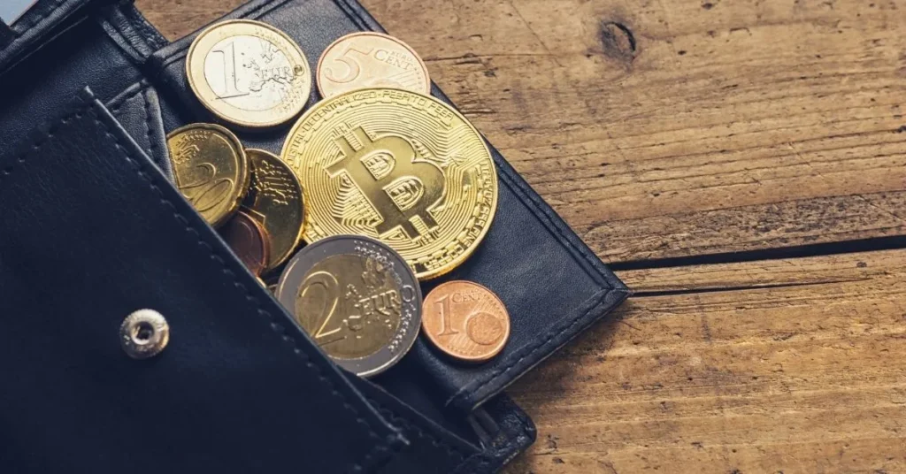 Bitcoin and other coin image with a physical wallet